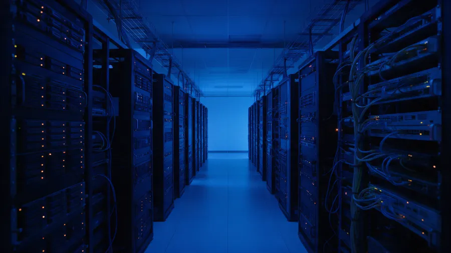 Pasillo de un centro de datos entre gabinetes de servidores, con luz azul