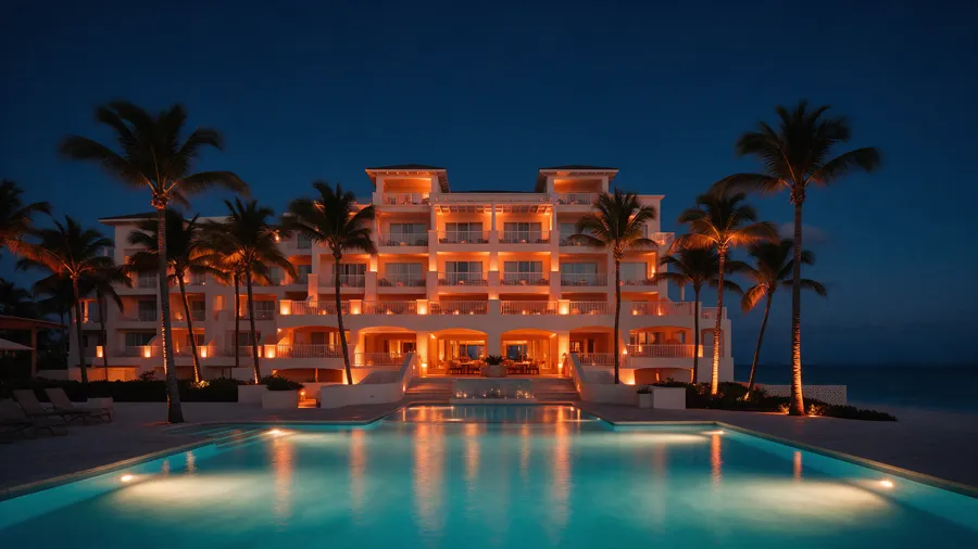 Hotel frente al mar al anochecer, con la piscina iluminada y luces cálidas en las terrazas