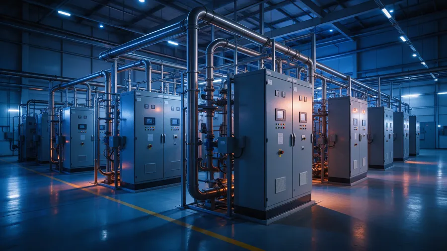 Interior de una planta industrial con tableros eléctricos y tuberías de acero