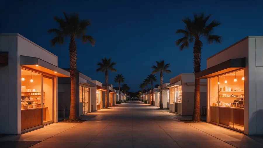 Plaza comercial al aire libre al anochecer, con los locales iluminados y palmeras
